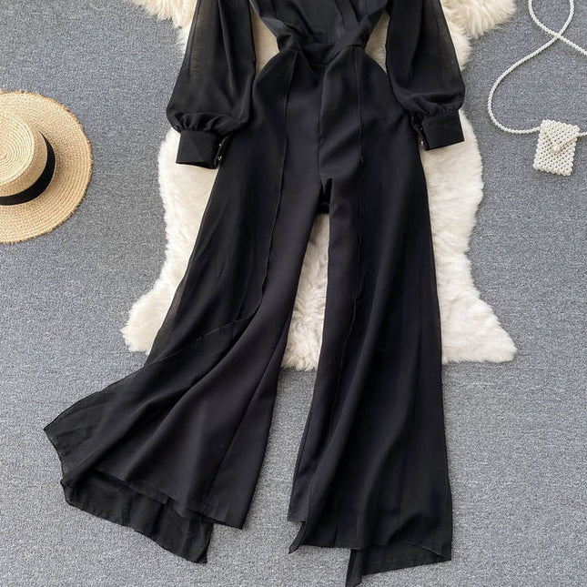 Women's Temperament V-neck High-end Jumpsuit High Waisted and Slim Mesh Patchwork Jumpsuit