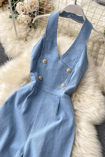 Vintage Wide Leg Women'S Suspenders Sleeveless Denim Jumpsuit
