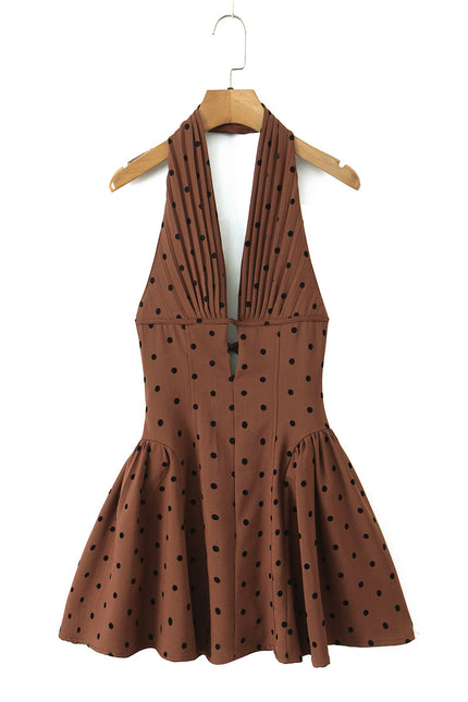 Back Hollow Out Brown Color Polka Dot Print Hot Sale Casual Fashion Summer Mini Halter Dress for Women