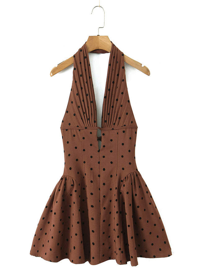 Back Hollow Out Brown Color Polka Dot Print Hot Sale Casual Fashion Summer Mini Halter Dress for Women