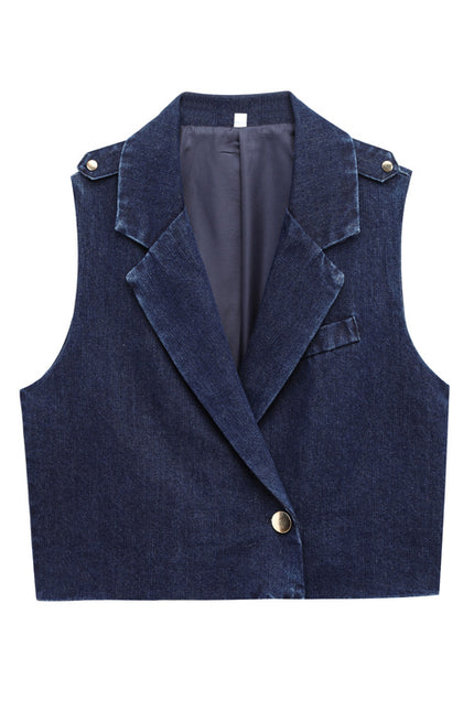 Single Button Denim Blue Color Notched Collar Casual Fashion Jeans Vest Waistcoat for Women