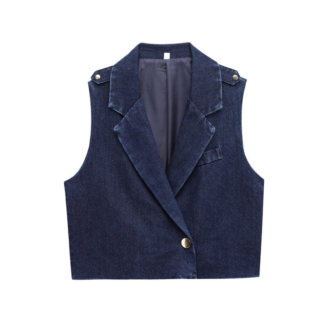 Single Button Denim Blue Color Notched Collar Casual Fashion Jeans Vest Waistcoat for Women