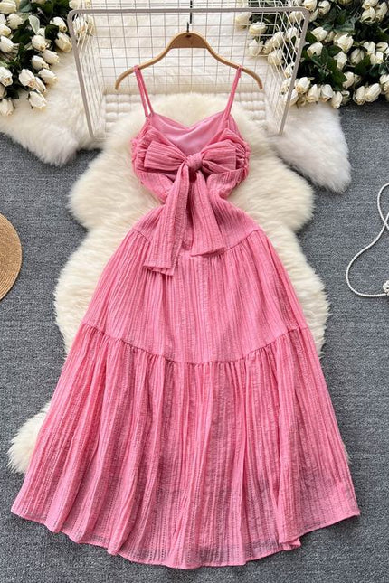 Vacation Style Halter Beach Dress Hollowed Out Strappy Pink Backless Dresses