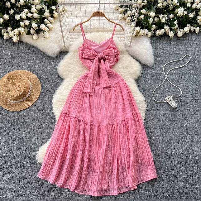Vacation Style Halter Beach Dress Hollowed Out Strappy Pink Backless Dresses