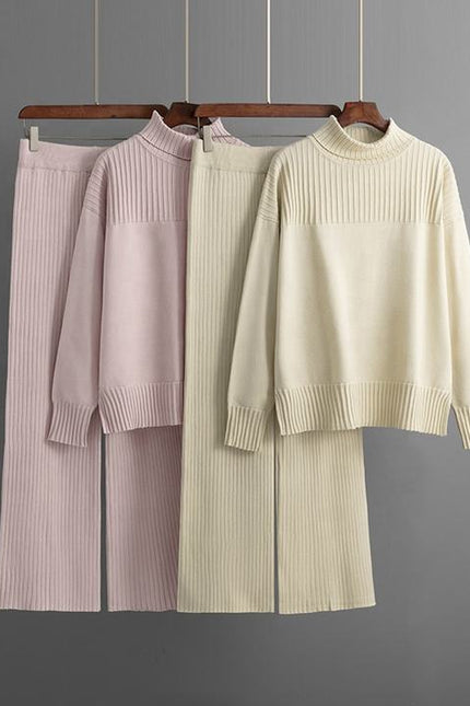 Loose Long Sleeve High Neck Top Wide Leg Pants Ladies Clothing Two Piece Knit Sweater Set