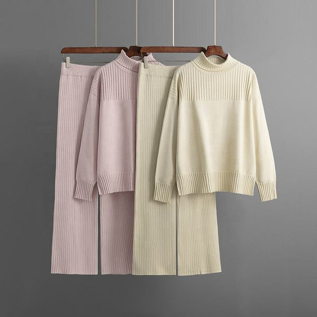 Loose Long Sleeve High Neck Top Wide Leg Pants Ladies Clothing Two Piece Knit Sweater Set