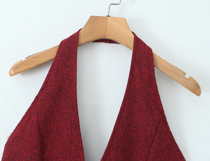 Back Hollow Out Red Color Buttons up Sleeveless Casual Fashion Women's Halter Tank Top
