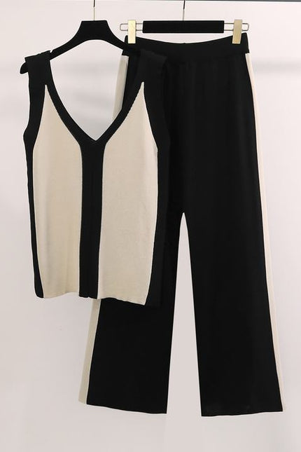 New Color Matching V-neck Vest Knitted Split Top Color Matching Wide Leg Pants Knitted Two-piece Set