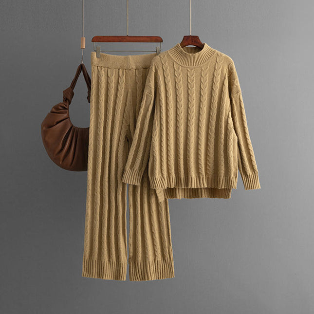 New Casual Half High Neck Sweater Wide Leg Pants Set for Women's Autumn and Winter New Knitted Two Piece Set