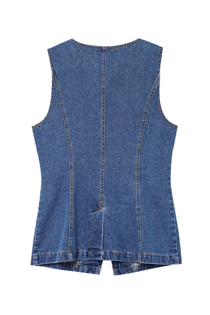 Crew Neck Buttons up Denim Blue Color Hot Sale Casual Fashion Jeans Vest Waistcoat for Women