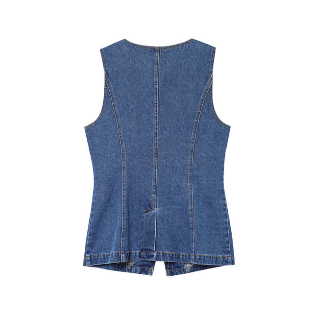 Crew Neck Buttons up Denim Blue Color Hot Sale Casual Fashion Jeans Vest Waistcoat for Women