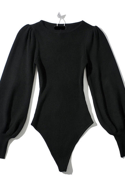Four Colorway Puff Long Sleeve Knitted Fashion Stretchy Bodycon Casual Bodysuit for Women
