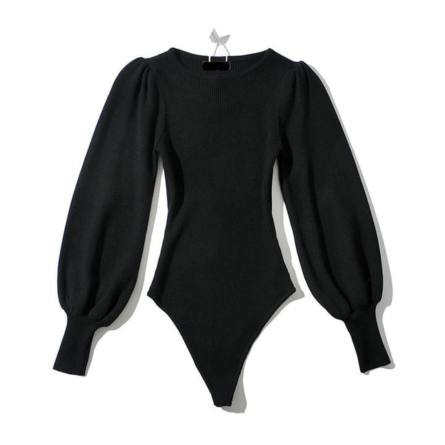 Four Colorway Puff Long Sleeve Knitted Fashion Stretchy Bodycon Casual Bodysuit for Women