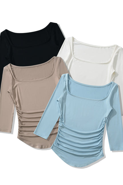 4 Colorway square Collar Solid Color Short Sleeve Casual Fashion t Shirts for Women