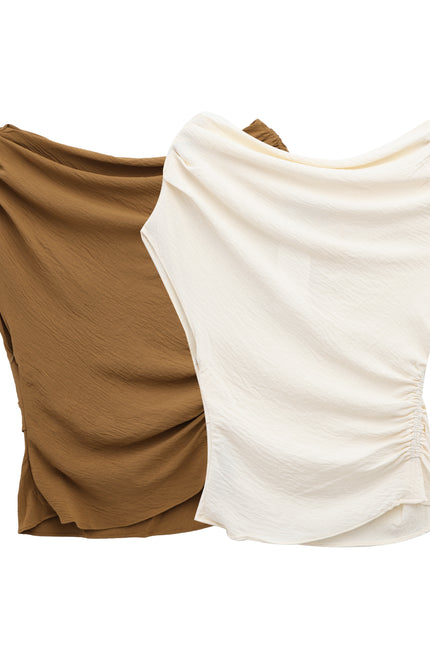 2 Colorway Asymmetrical Design Pleated Solid Color Crew Neck Casual Fashion Tops Blouse for Women