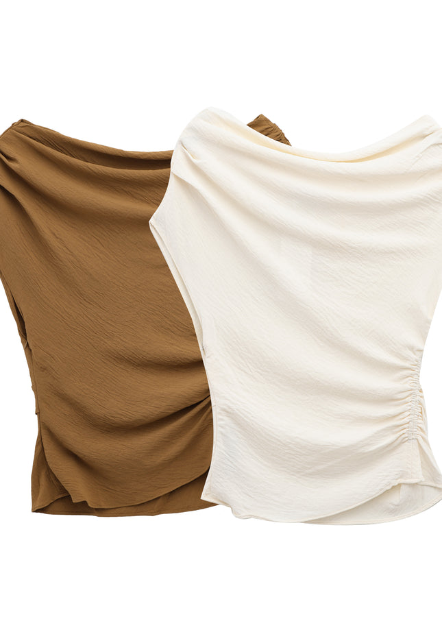 2 Colorway Asymmetrical Design Pleated Solid Color Crew Neck Casual Fashion Tops Blouse for Women