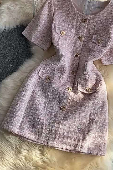 Summer Korean Version of the Round Neck Single-Breasted Elegant Short Sleeve Mini Dresses