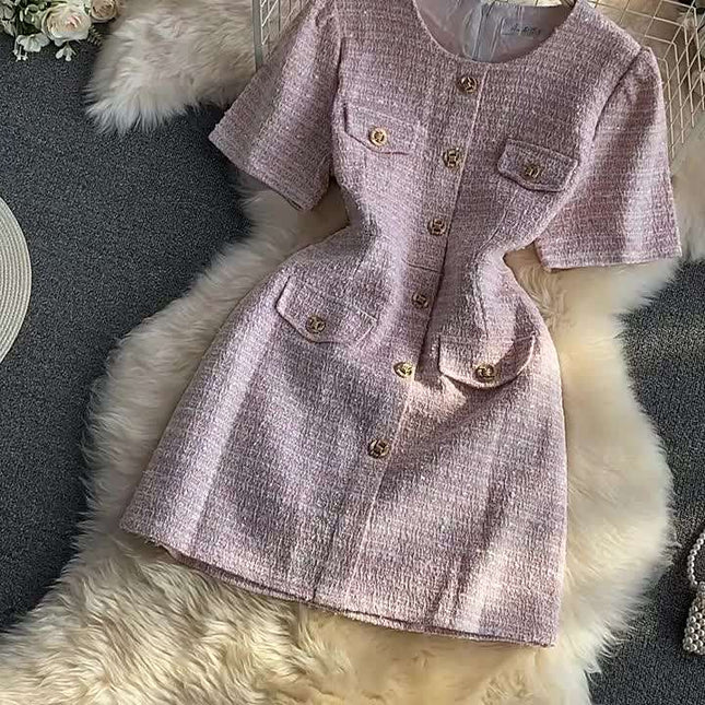 Summer Korean Version of the Round Neck Single-Breasted Elegant Short Sleeve Mini Dresses