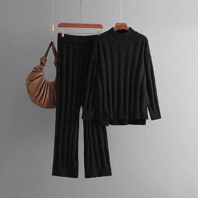 New Casual Half High Neck Sweater Wide Leg Pants Set for Women's Autumn and Winter New Knitted Two Piece Set