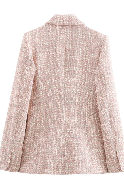 Notched Collar pink Color Double Breasted Long Sleeve Plaid Pattern Casual Fashion blazer for Women