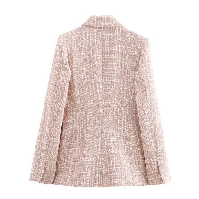 Notched Collar pink Color Double Breasted Long Sleeve Plaid Pattern Casual Fashion blazer for Women