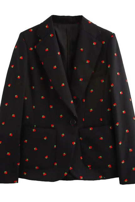 Black Color Fruit Print Black Color Long Sleeve Notched Collar Casual Fashion blazer for Women