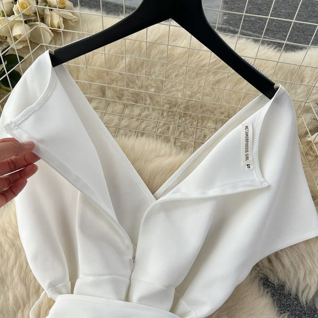 Banquet Party Dresses Women Summer Bow Tie Short Sleeve V-Neck Dresses