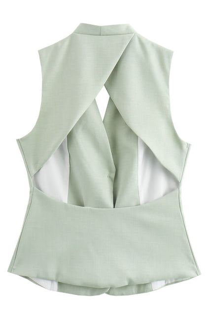 Back Hollow Out Single Button Notched Collar Vest Green Color Pants Casual Women 2 Piece Set