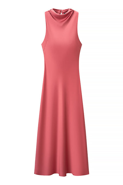 Red Color Sleeveless Crew Neck Hot Sale Casual Fashion Satin Long Dress for Women