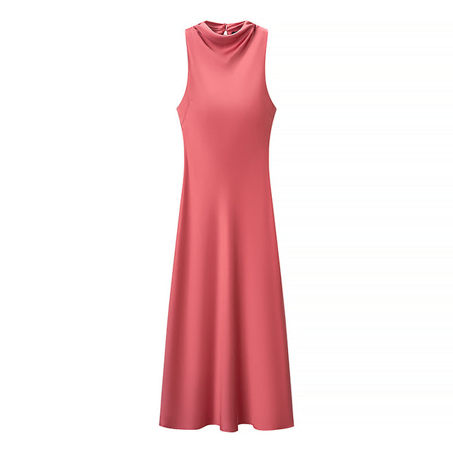 Red Color Sleeveless Crew Neck Hot Sale Casual Fashion Satin Long Dress for Women