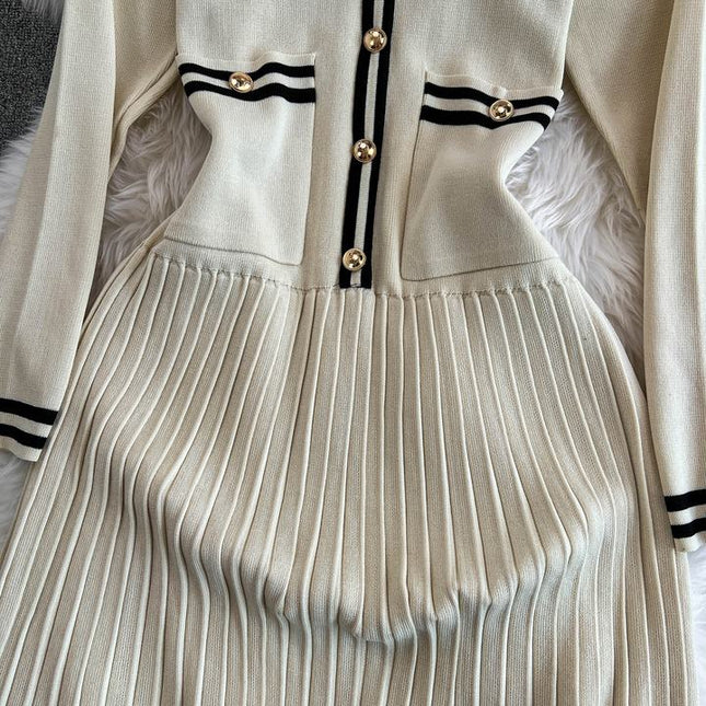 French Knit Dress Women'S Fall New Waist Senior Pleated Long Dresses