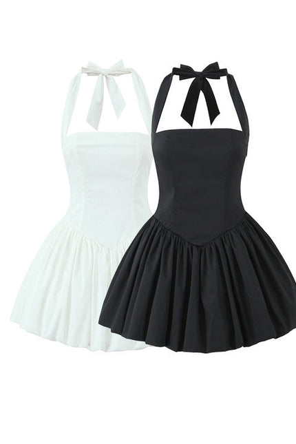 2 Colorway Solid Color Back Hollow Out Sleeveless Casual Fashion Mini Halter Dress for Ladies