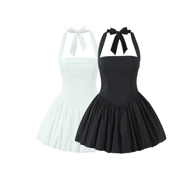 2 Colorway Solid Color Back Hollow Out Sleeveless Casual Fashion Mini Halter Dress for Ladies