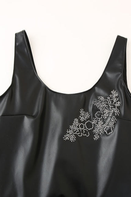 Shoulder Strap Beading Black Color Sleeveless Casual Fashion PU Leather Mini Dress for Ladies
