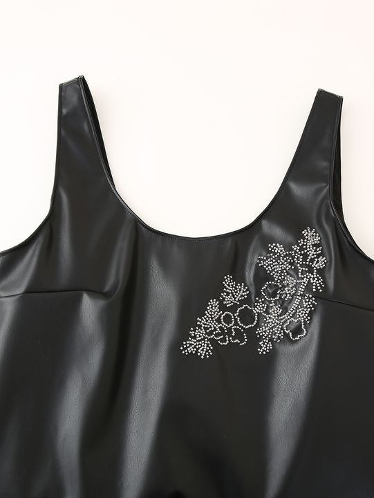 Shoulder Strap Beading Black Color Sleeveless Casual Fashion PU Leather Mini Dress for Ladies