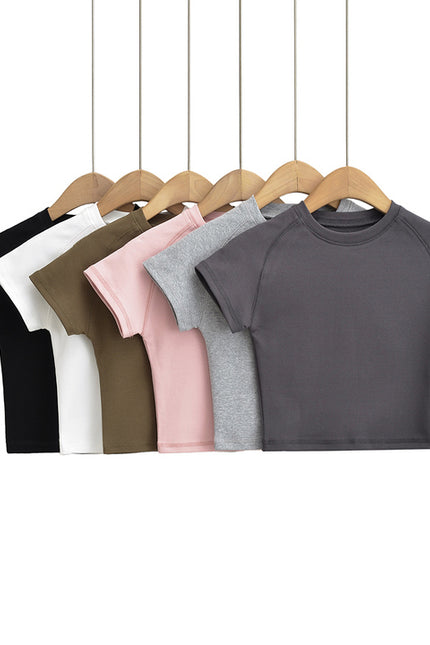 6 Colorway Crew Neck Solid Color Short Sleeve Knitted Casual Fashion Women Crop t Shirt