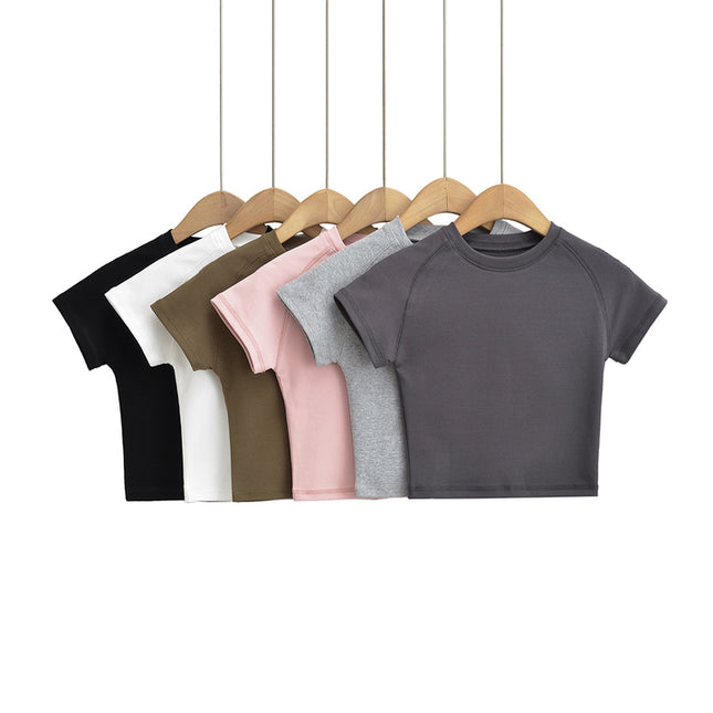 6 Colorway Crew Neck Solid Color Short Sleeve Knitted Casual Fashion Women Crop t Shirt