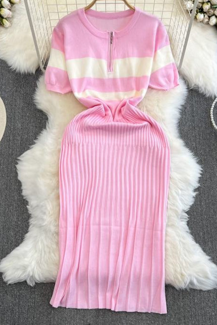 Summer Clashing Color Round Neck Zipper Waisted Knit Tight Casual Dresses