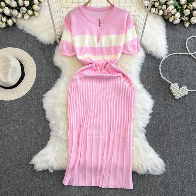 Summer Clashing Color Round Neck Zipper Waisted Knit Tight Casual Dresses