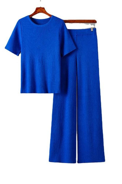 Summer New Spot High Elastic Solid Color Round Neck Knitted Short Sleeve Fashion Suit High Waist Two-piece Set