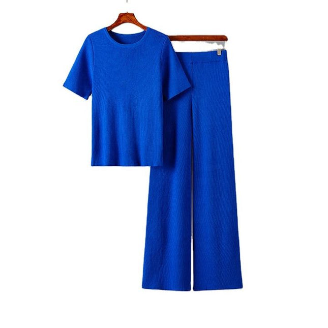 Summer New Spot High Elastic Solid Color Round Neck Knitted Short Sleeve Fashion Suit High Waist Two-piece Set