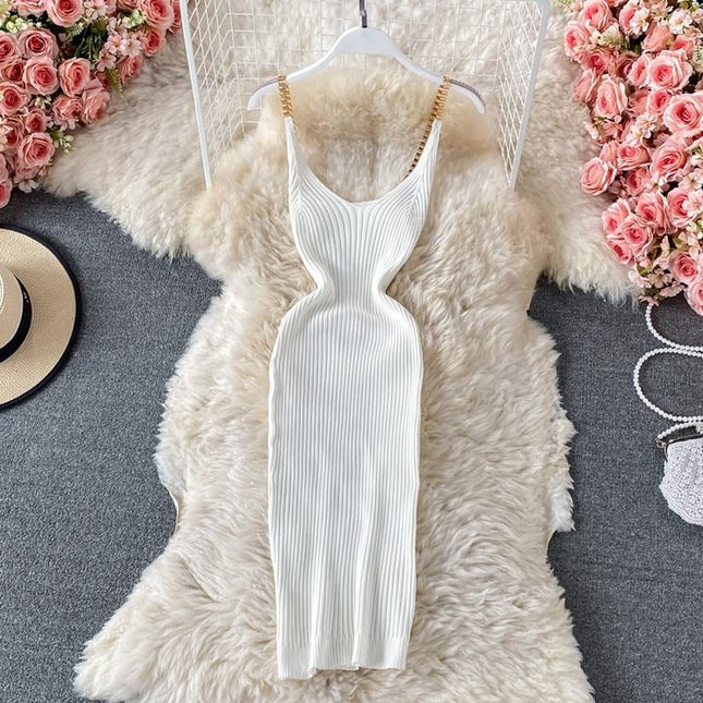 2024 Verão Novo Temperamento Sexy Malha Cadeia Halter Vest Slim Vestidos Apertados