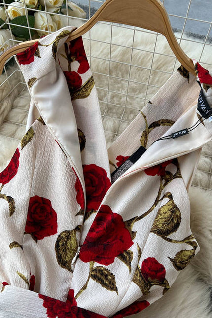Sleeveless V-neck Print A-line Dress Summer Vintage High Waist Midi Dress Ladies Casual Dress Clothes Women Wholesale