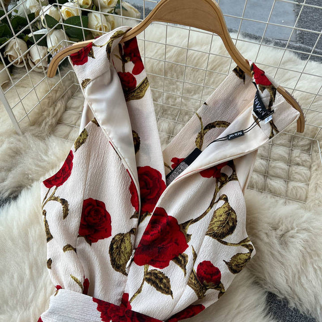Sleeveless V-neck Print A-line Dress Summer Vintage High Waist Midi Dress Ladies Casual Dress Clothes Women Wholesale