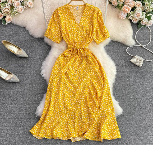 Fashion Small Fresh V-Neck Bubble Short Sleeve Waist Shrink Slimming A-Line Flounce Floral Dress