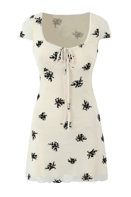 Square Collar Floral Print Beige Color Short Sleeve Casual Fashion Mini Summer Dress for Ladies