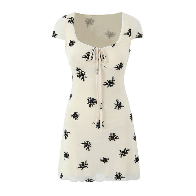 Square Collar Floral Print Beige Color Short Sleeve Casual Fashion Mini Summer Dress for Ladies