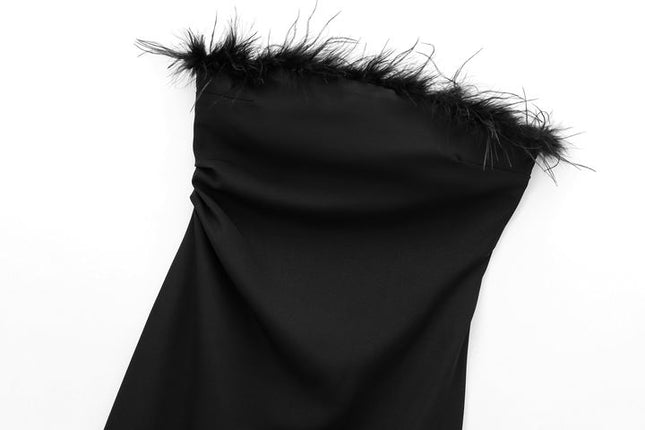 Strapless Black Color Feather Pleated Hot Sale Casual Fashion Midi Dress for Women