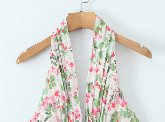 2 Colorway Back Hollow Out Floral Print Sleeveless Causal Fashion Summer Mini Halter Dress for Women