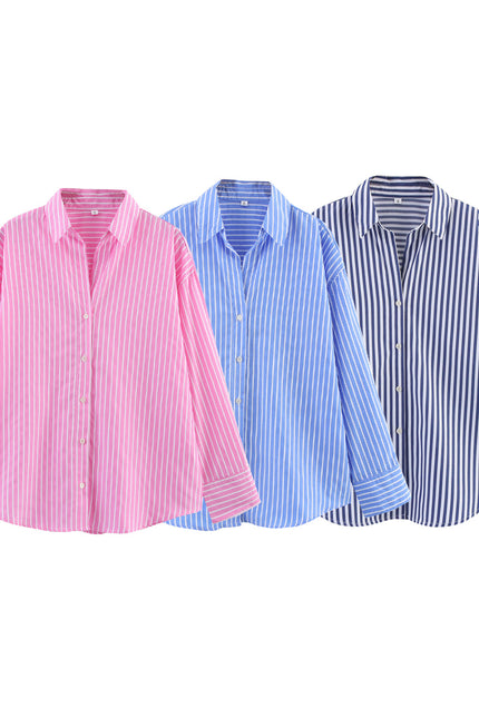 3 Colorway Striped Print Turn Down Collar Buttons up Long Sleeve Casual Fashion Tops Blouse for Women